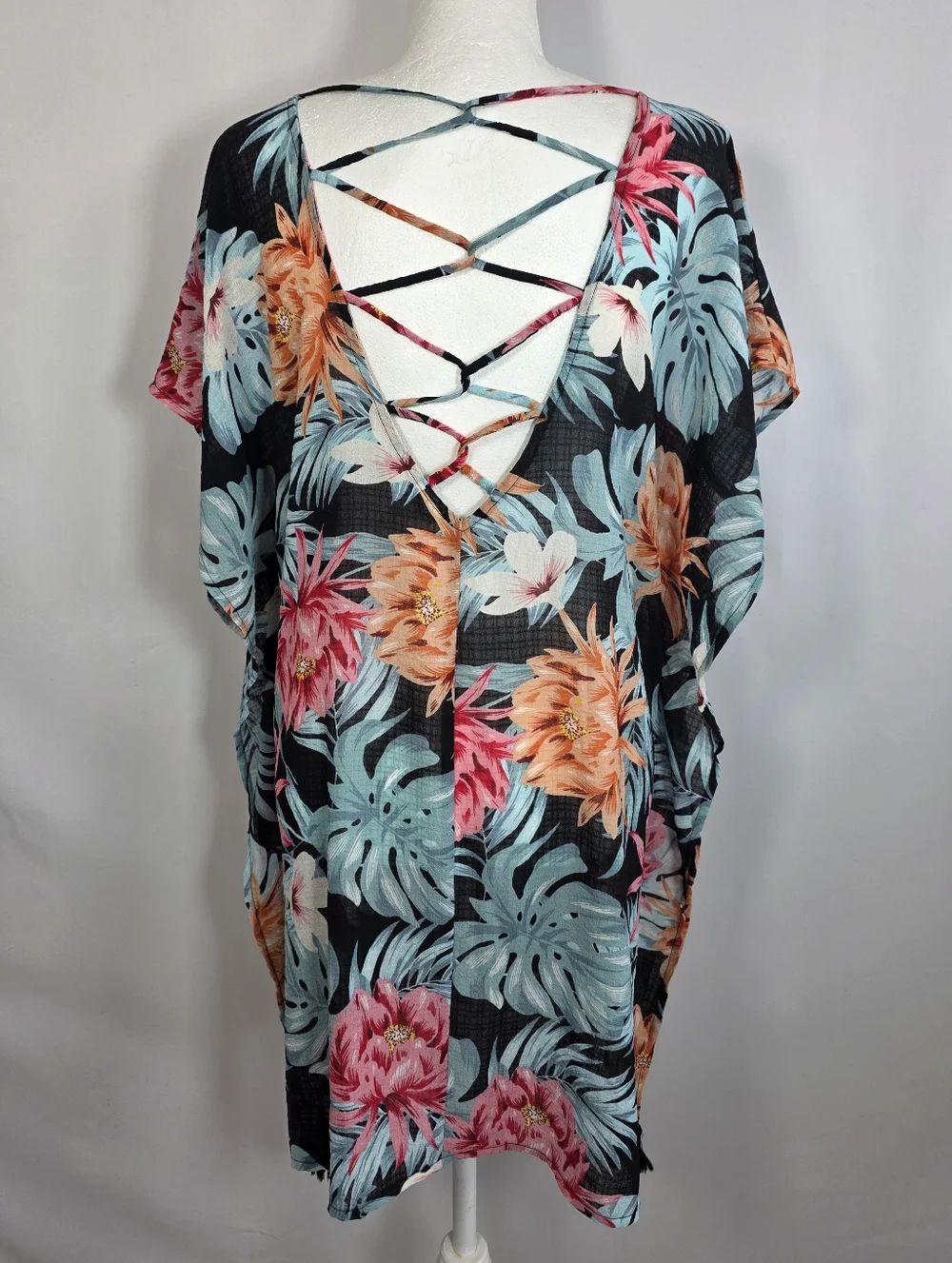 Kona Sol Tropical Floral Cover Up Dress Swim Tunic Criss Cross Back Size M‎